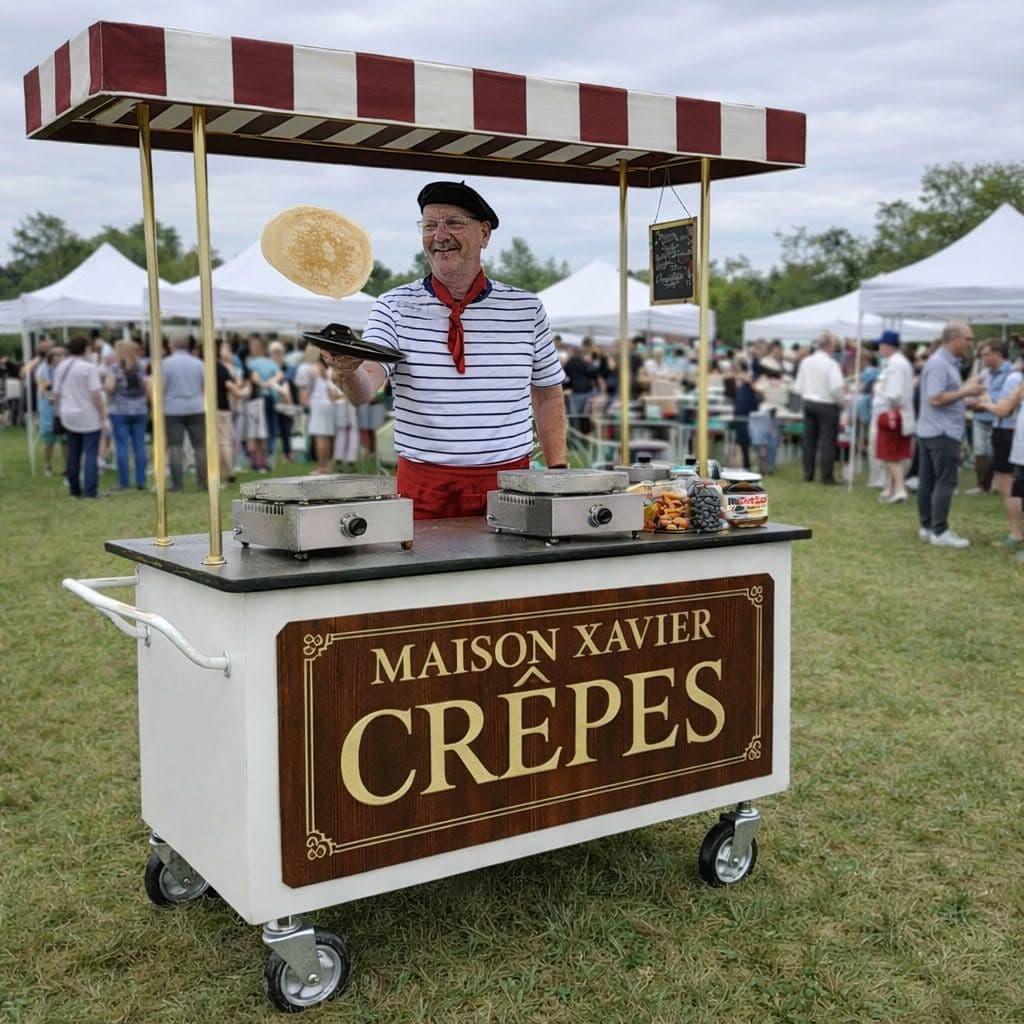 Crêpe maker flipping a crêpe at his stand during an outdoor party